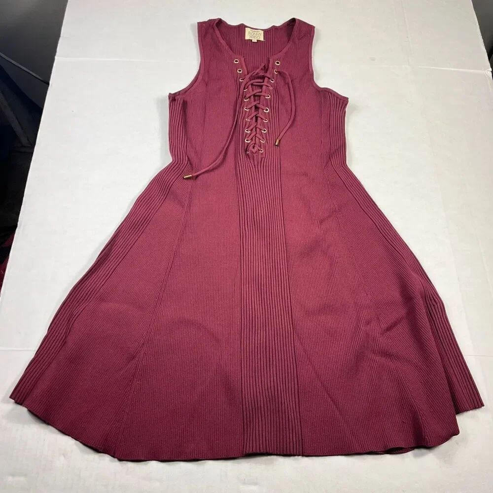 Torn Ronny Kobo Sleeveless Ribbed Knit Lace Up Midi Dress Burgundy Luxe A-Line L